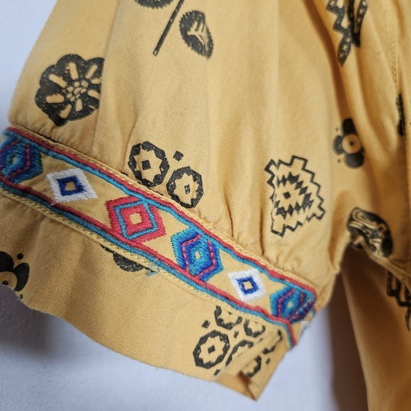 Ryan Michael Top Women's XL Mustard Embroidered Southwestern AOP Tie Neck Cotton - Picture 10 of 13